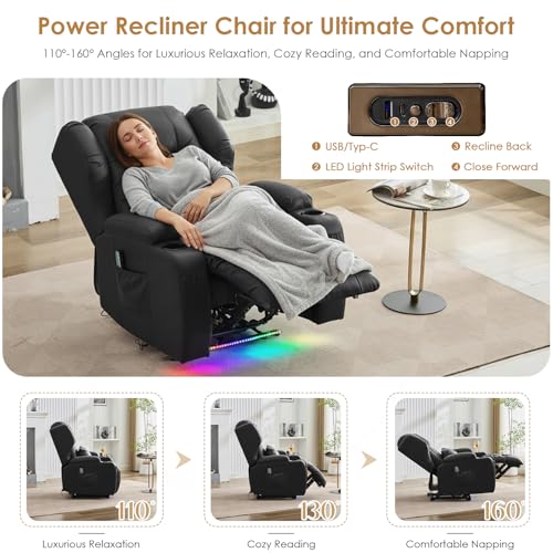 SAMERY Power Recliner Chair, Electric Wall Hugger Recliner Chair Reclining Sofa Home Theater Seating for Living Room with Massage & Heat, USB, LED Lights, Cup Holders, Side Pockets, Lumbar Pillow