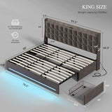 DWVO King Size Bed Frame with 4 Drawers and RGB LED Lights, Velvet Upholstered Platform Bed with Charging Station and Storage Headboard, No Box Spring Needed, Easy Assembly, Noise-Free, Grey DWVO