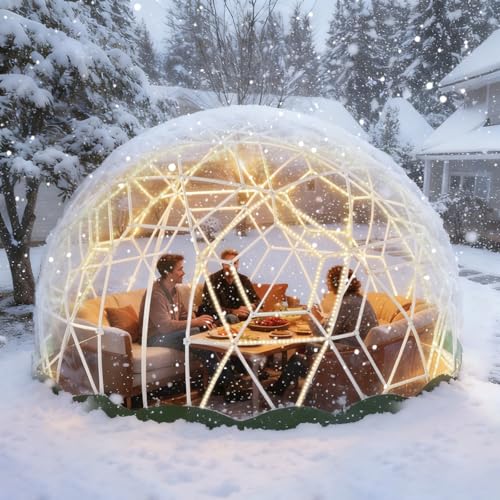 12FT Garden Dome Tent, Geodesic Dome Greenhouse with PVC Clear Cover, Waterproof Garden Bubble Dome Tent House with 2 x 10M Light Strings for Outdoor, Patio, Party (Green, 12.5FT/3.8M) MAPONEEN