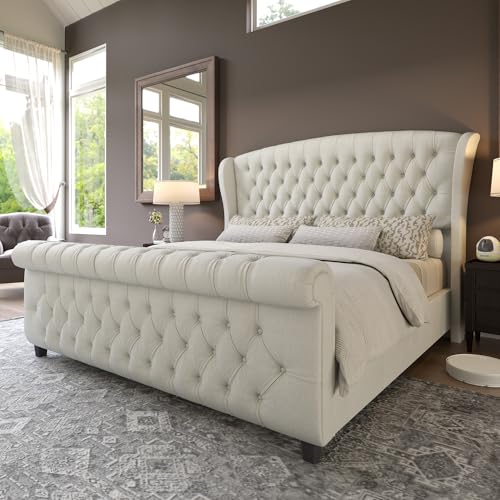 AMERLIFE California King Size Platform Bed Frame, Velvet Upholstered Sleigh Bed with Scroll Wingback Headboard & Footboard/Button Tufted/No Box Spring Required/Cream AMERLIFE