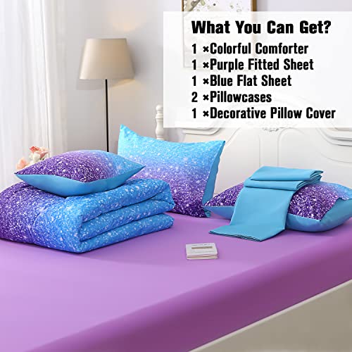 JQinHome Full Blue Purple Comforter Set, 6 Piece Bed in A Bag 3D Colorful Ombre Bedding Set for Girls Women (1 Comforter,2 Pillowcases,1 Flat Sheet,1 Fitted Sheet,1 Cushion Cover)(Blue Purple) JQinHome