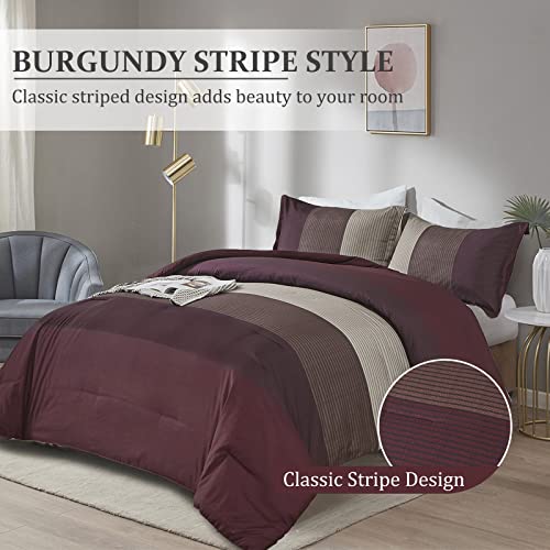 WONGS BEDDING Burgundy Comforter Set King, Reversible Burgundy Stripe Down Alternative Comforter for All Season,3 Pieces(1 Comforter+2 Pillowcases), Soft Microfiber Bedding Duvet Set 104”×90” WONGS BEDDING
