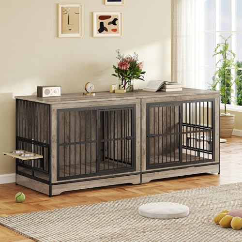 Rovibek 78 Double Dog Crate Furniture for 2 Large Dogs Indoor, Wooden Furniture Dog Crates with Dog Bowl, Dog Kennel Furniture TV Stand Large Breed Grey Rovibek