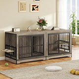 Rovibek 78 Double Dog Crate Furniture for 2 Large Dogs Indoor, Wooden Furniture Dog Crates with Dog Bowl, Dog Kennel Furniture TV Stand Large Breed Grey Rovibek