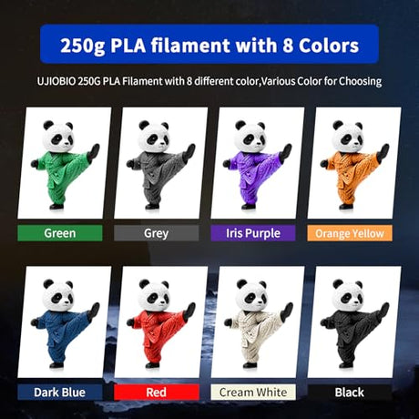 UJOYBIO 8 Color Bundle Elite PLA+ 3D Printer Filament, Multicolor PLA+ 1.75mm, Individually Vacuum Packed, 0.25kg Spool, 8 Pack (Black+Cream White+Grey+Orange Yellow+Red+Dark Blue+Green+Iris Purple) UJOYBIO