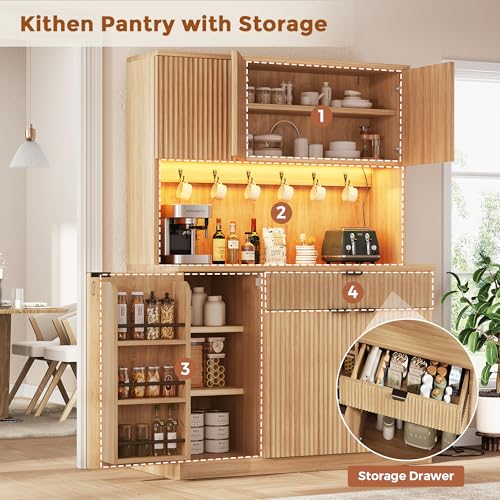 Jocoevol Fluted Kitchen Pantry Storage Cabinet with Charging Station/LED Light/Doors/Shelves, 71'' Tall Kitchen Food Hutch with Microwave Stand for Dining Room Living Room (Natural, 41 * 15.7 * 71) Jocoevol