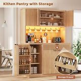 Jocoevol Fluted Kitchen Pantry Storage Cabinet with Charging Station/LED Light/Doors/Shelves, 71'' Tall Kitchen Food Hutch with Microwave Stand for Dining Room Living Room (Natural, 41 * 15.7 * 71) Jocoevol