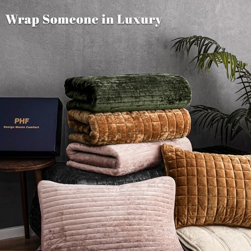 PHF Luxury Velvet Quilt Set Twin Size – 2PCS Ultra Soft Quilted Comforter Alternative with Striped Channel, Cozy Quilted Bedspread, 1 Coverlet with 1 Matching Sham, 68" x 92", Smokey Olive PHF