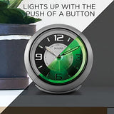 Bulova - 3.75" W x 3.75" H B5027 Lite Night Alarm Clock | Brushed Silver-Tone Case | Illuminated Dial | Luminous Hands | Quiet Sweep | Snooze Function Bulova