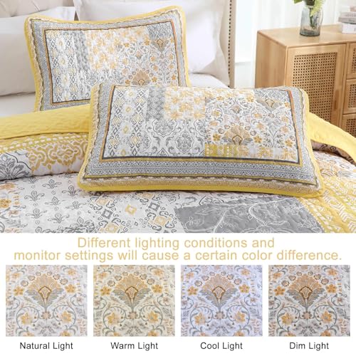WONGS BEDDING Yellow Quilt Set Full,Bohemian Patchwork Bedspread Coverlet Set, Reversible Boho Floral Pattern Bedspreads Bedding Quilt Set for All Seasons (78"x90") WONGS BEDDING