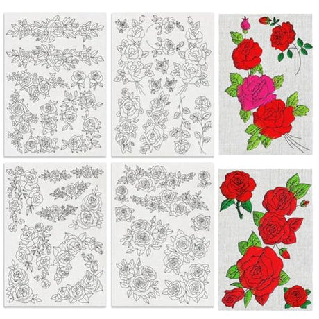 BENECREAT 4 Sheets Roses Sewing Embroidery Stabilizers, 42pcs Flowers Embroidery Paper with Pre-Printed Water Soluble Stabilizer for Embroidery Hand Sewing Lover Beginners BENECREAT