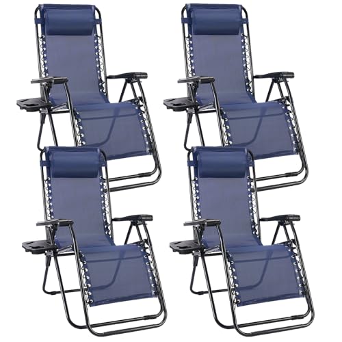 Sweetcrispy Zero Gravity Chairs, Set of 4 Portable Recliner Beach Camping Patio Outdoor Folding Lounge Chair with Cup Holder Trays and Adjustable Pillow for Poolside, Garden, Backyard, Lawn (Blue)