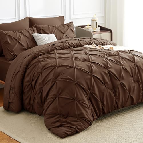 CozyLux Queen Comforter Set Brown, 7 Pieces Pintuck Bed in A Bag, Premium Brown Comforter Queen Size, Pinch Pleat Bedding Sets with Comforter, Sheets, Pillowcases & Shams CozyLux