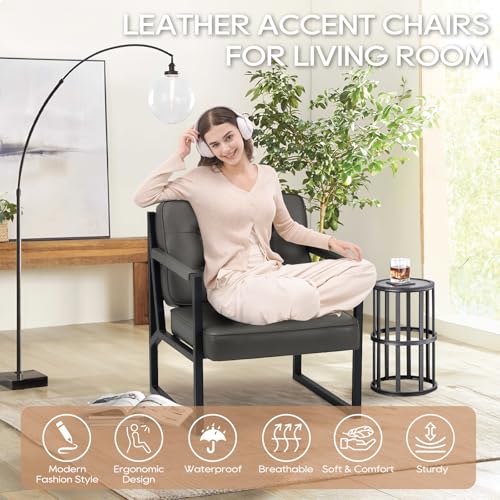 COLAMY Accent Chairs Set of 2, Modern Accent Arm Chairs for Living Room, Comfy Leather Armchairs with Metal Legs for Bedroom Reception Room, Grey COLAMY