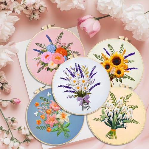 ACRNIGHEET 5PCS Embroidery Kit for Beginners Embroidery Flower Sewing Pre Printed Pattern Embroidery Starter Kit with Instructions, Including 5 Stamped Embroidery Cloth and Various Accessories