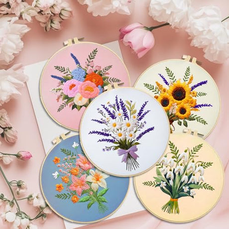 ACRNIGHEET 5PCS Embroidery Kit for Beginners Embroidery Flower Sewing Pre Printed Pattern Embroidery Starter Kit with Instructions, Including 5 Stamped Embroidery Cloth and Various Accessories ACRNIGHEET