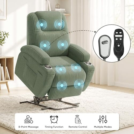 Flamaker Power Lift Chair Massage Recliner Chairs for Elderly, Corduroy Ergonomic Design with Cup Holders & Side Pockets, Remote Control (Green) Flamaker