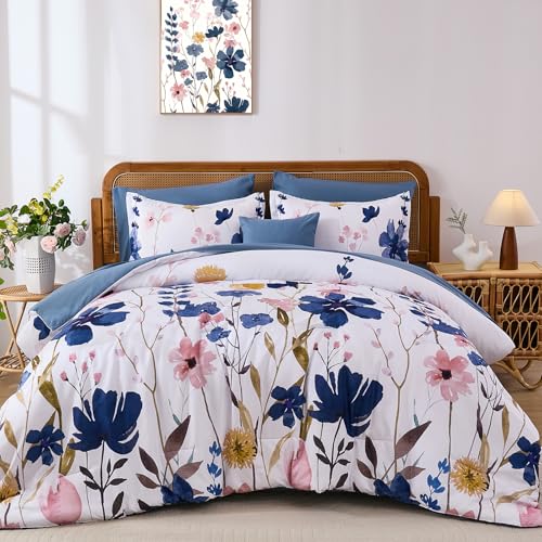 Anibedding Blue Floral Comforter Set King Size, 8 Piece Botanical Flower Bed in a Bag, Reversible Design Comforter, Soft Microfiber Complete Bedding Sets for All Season (Blue,90"x104") Anibedding