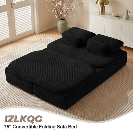 IZLKQC 75'' Folding Sleeper Sofa Bed, Convertible Memory Foam Boneless Couch, Foldable Full Size Guest Bed, Modern 2-in-1 Futon Floor Sleeper Sofa with 4 Pillows and Blanket (Corduroy, Black) IZLKQC