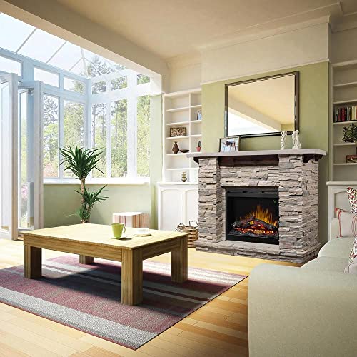 Dimplex Featherston Electric Fireplace with Mantel Surround Package | Pine with Gray Stone-Look, Includes 28" Electric Firebox Heater | 1500W | LED Flames | Remote Control | #GDS28L8-1152LR DIMPLEX