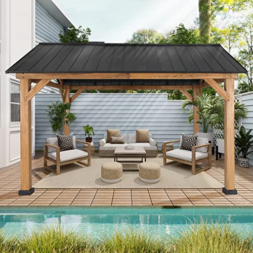 Meetleisure Wood Gazebo 13' x 11' Wood Patio Gazebo Cedar Framed Gazebo with Steel Frame Gable Roof Hardtop Gazebo for Patio Garden Lawn Backyard - WoodArtSupply