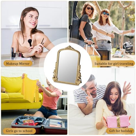 Vintage Makeup Mirror, Vanity Desk Mirror Antique Traditional Tabletop Mirror, Standing, Hang or Wall Mounted, Adjustable Dress-up Mirror, Gold Decor Mirror for Living Room,Bedroom (gold, 12*9.8 in) Willannals
