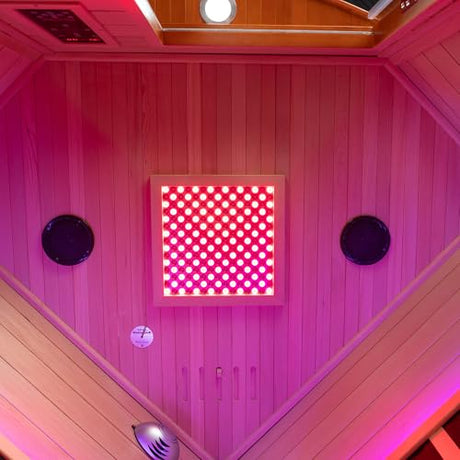 WOODBRIDGE Infrared Sauna Room 2 Person Japanese Cedar Indoor Corner Sauna with 7 Carbon Heaters, Red Light Therapy,Bluetooth Speaker,Intelligent Dual Control System,Tempered Glass,Exterior Brim Light WOODBRIDGE