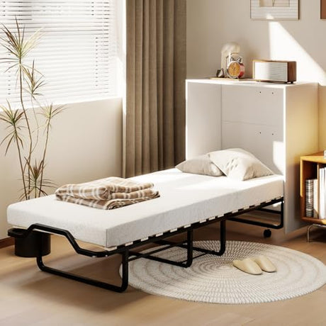 KOMFOTT Murphy Bed Cabinet, Rolling Folding Bed into Cabinet with Mattress & Lockable Wheels, Folding Bed Frame for Small Space, Roll Away Pull Out Murphy Bed for Guest Room Office (White) KOMFOTT
