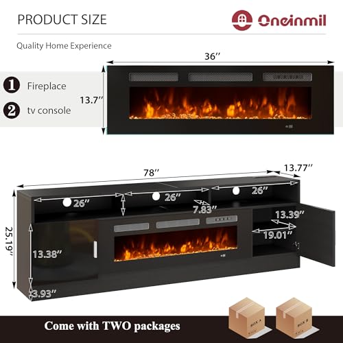 oneinmil 78" Fireplace TV Stand with Power Outlet for TVs Up to 90", Electric Fireplace Entertainment Center with LED Lights & Storage Cabinets, Media Console Table for Living Room oneinmil