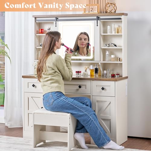 AMERLIFE 47.2" W Farmhouse Makeup Vanity Desk with Sliding Mirror, Vanity Set with Stool & Charging Station & 3 Brightness Lights, Glass Desktop, Ample Storage, Antique White AMERLIFE