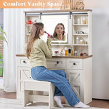 AMERLIFE 47.2" W Farmhouse Makeup Vanity Desk with Sliding Mirror, Vanity Set with Stool & Charging Station & 3 Brightness Lights, Glass Desktop, Ample Storage, Antique White AMERLIFE