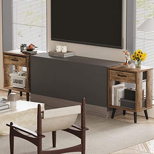 GYIIYUO Nightstand Set of 2 with Fabric Drawers and Open Shelves - Rustic Bedroom Side Tables GYIIYUO