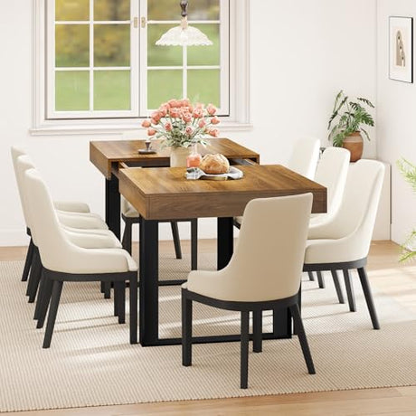 Zevemomo 63"-78.7" Expandable Dining Table, 6-8 Extendable Dining Table, Rectangle Conference Table, Farmhouse Kitchen Table with Slide Track, Tapered U-Shaped Wood Legs for Office, Living Room-Brown Zevemomo