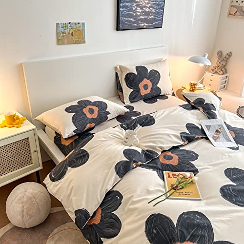 BlueBlue Flower Kids Duvet Cover Set, 100% Cotton Bedding for Boys Girls Teens Single Bed, Cartoon Cute Black Flower Floral Pattern Print on Cream White, 1 Comforter Cover 2 Pillowcase (Twin) BlueBlue