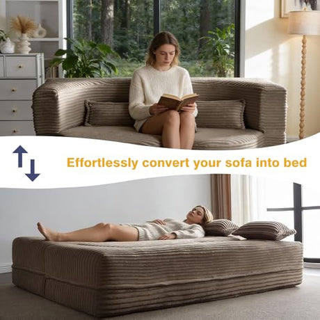 78" Full Size Convertible Futon Sofa Bed, Plush Corduroy Folding Sleeper Sofa Bed with Pillow, Foam Mattress Futon Loveseat Couch, No Assembly Floor Couches for Living Room, Playroom, Apartment, Brown extrasleep