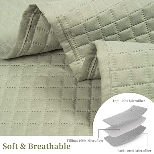HollyHOME Luxury Checkered Super Soft Solid Single Pinsonic Quilted Bed Quilt Bedspread Bed Cover 86"x96", Sage, Full/Queen HollyHOME