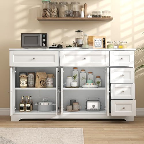 Giantex Large Buffet Cabinet with Storage, 59” Kitchen Cabinet with 4 Doors, 6 Drawers & 2 Adjustable Shelves, Modern Sideboard for Living Room, Coffee Bar, White Giantex