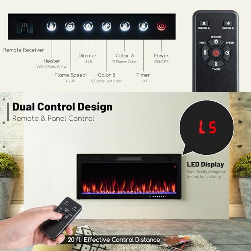 Tangkula 5100 BTU Electric Fireplace Inserts 40 Inches, 1500W Wall Mount Fire Places with Remote, Multicolor Flames, 5 Brightness & Speed Adjustable, Touch Screen Tangkula