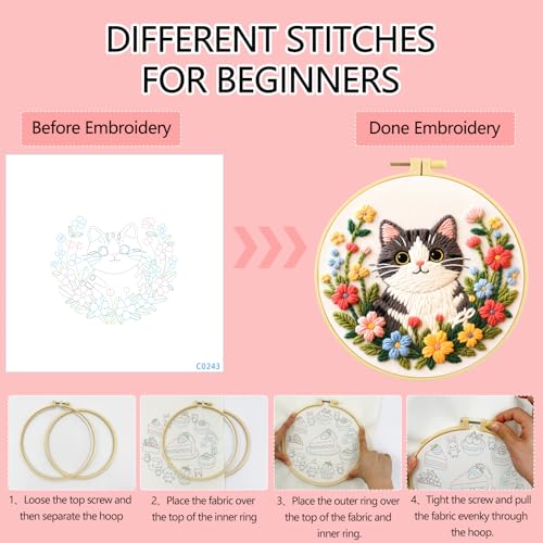 Zhenqing Kitten Embroidery Kit for Beginners, Pre-Printed 29x29cm Cotton Fabric with 20cm Hoop, Cute Cat in Flowers Design for Home Decor (C0243)