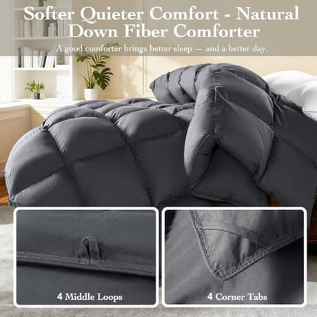 Gehtmnl Goose Down Fiber Comforter Queen Size – All Season Naturally Breathable Down Comforters, Luxury Hotel Collection Duvet Insert with 8 Corner Tabs, Cotton Fabric & Baffle Box (Dark Gray,50oz) Gehtmnl