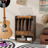 LOKO Record Player Stand On Wheels, Rolling Turntable Stand with 5 Compartments, Drawer & Open Shelf, Vinyl Display Shelf Storage Cabinet for Living Room, Bedroom, Study (Rustic Brown, 21" x 14") LOKO