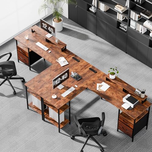 DUMOS 62 Inch L Shaped Gaming Desk with Charging Station & 2 Monitor Stands, Computer Desk with Drawer & Adjustable Storage Shelves, Large Corner Desk for Home Office, Rust Brown DUMOS