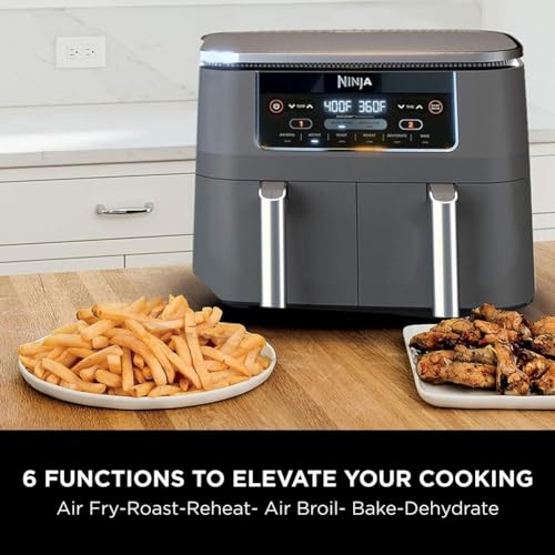 Ninja DZ201 Foodi 8 Quart 6-in-1 DualZone 2-Basket Air Fryer with 2 Independent Frying Baskets, Match Cook & Smart Finish to Roast, Broil, Dehydrate & More for Quick, Easy Meals, Grey Ninja