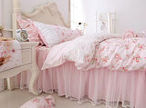 LELVA Romantic Roses Print Duvet Cover Set with Bed Skirt Pink Lace Ruffle Floral Shabby Chic Bedding Sets Full 4 Piece LELVA