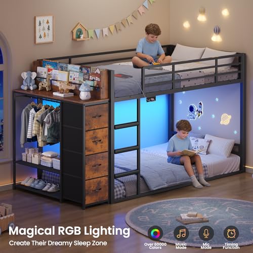 ADORNEVE Low Bunk Bed Twin Over Twin with Bookshelf, 4 Storage Drawers, Metal Kids Bunk Bed with Power Outlet & RGB Lights, Clothing Rack & Shelves, Safety Guardrail & Ladder, Black ADORNEVE