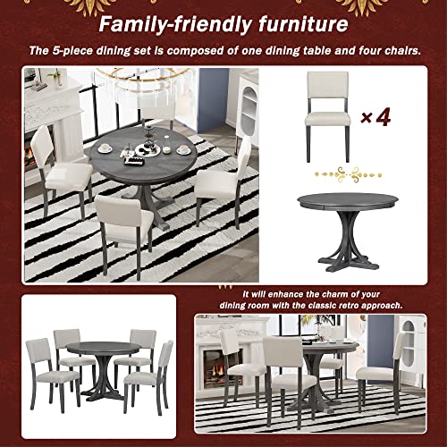 Merax 5-Piece Retro Round Dining Table Set with Curved Trestle Style Legs and 4 Upholstered Chairs, Kitchen Furniture, Dark Gray Merax