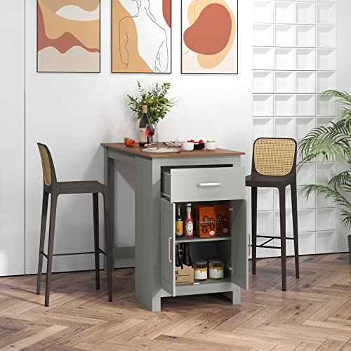 COSTWAY Light Grey Counter Height Dining Table with Drawer and Adjustable Storage Shelves - WoodArtSupply