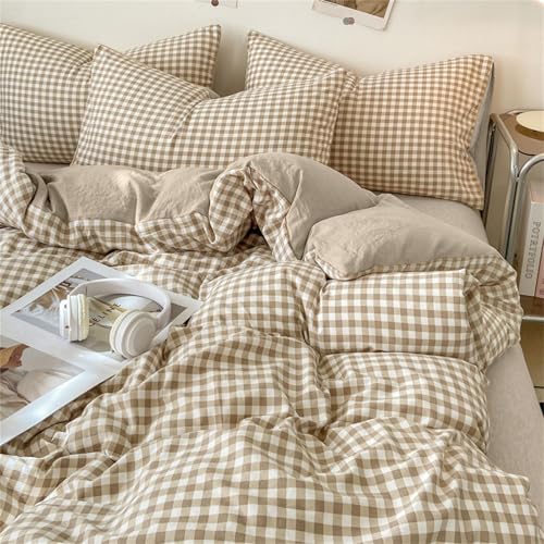 Nayoroom Gingham Duvet Cover Twin Size Brown Tan Plaid Checkered Comforter Cover Grid Farmhouse Bedding Set 2 Pcs Soft Breathable Washed Microfiber Gifts for Women Men Nayoroom