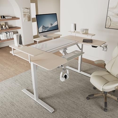 EUREKA ERGONOMIC Gaming Standing Desk with Keyboard Tray,74" U Shaped Studio Desk for Recording&Live,Electric Height Adjustable Desk w LED Convertible Shelves,Maple EUREKA ERGONOMIC