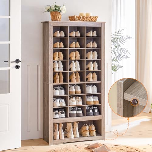 HOOBRO Tall Shoe Cabinet, 9 Tier Shoe Storage Cabinet, Freestanding Wooden Shoe Cabinet Organizer with 24 Cubbies and 3 Hooks, for Entryway, Closet, Living Room, Greige BG24SC01 HOOBRO